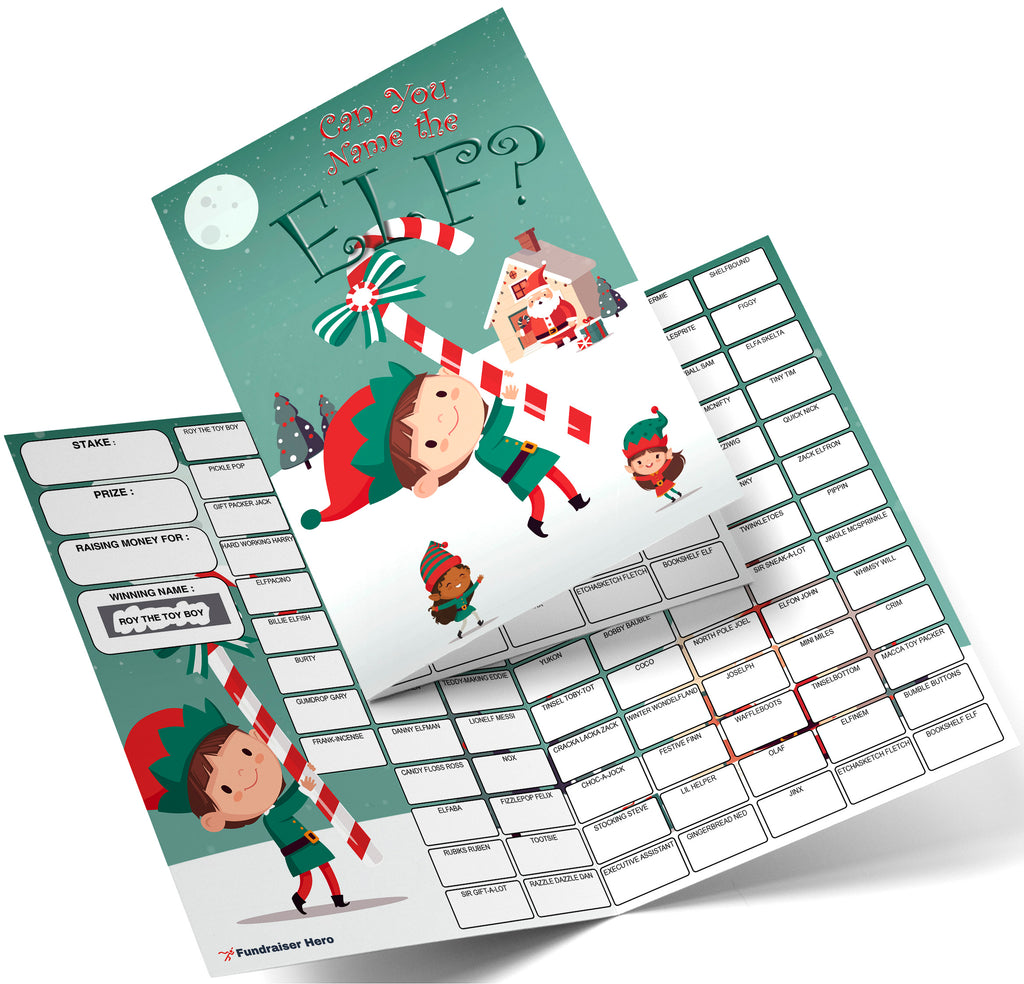 Christmas themed Fundraising Cards with elves and candy canes on a white background