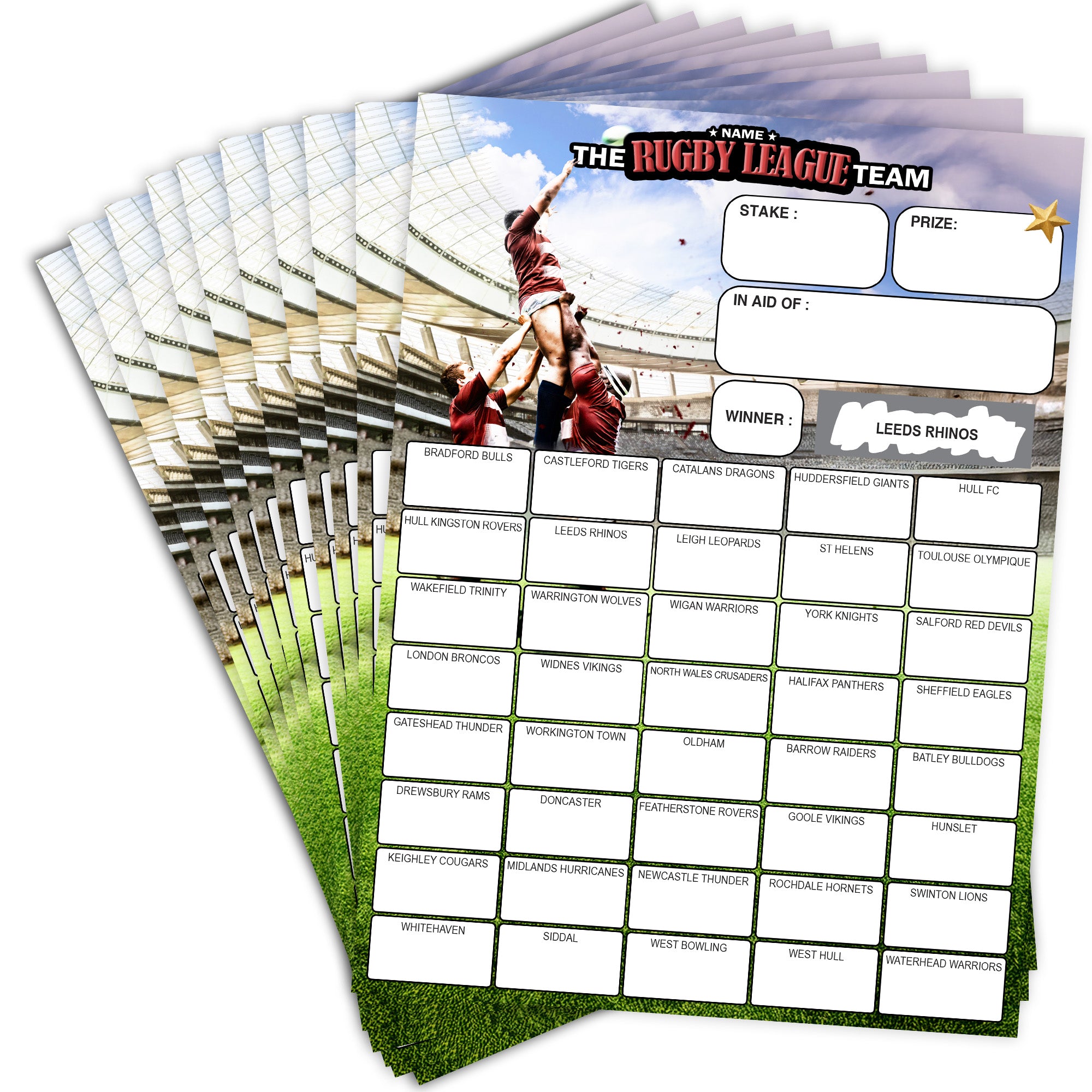 Pack of 10 - Name the Rugby League Team Scratch Cards. A5 Size - 40 Na ...